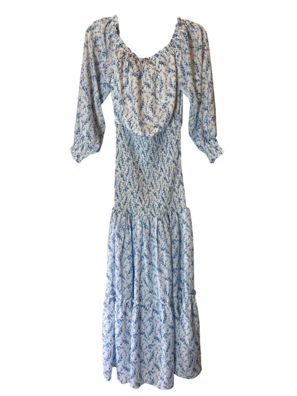 Pink Lily Floral Smocked MAxi Dress 3/4 Sleeves Tiered Skirt White & Blue Small